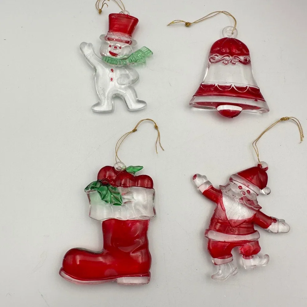 Vintage Clear Red Acrylic Christmas Ornaments Set 4 Santa‎ Snowman Bell Stocking